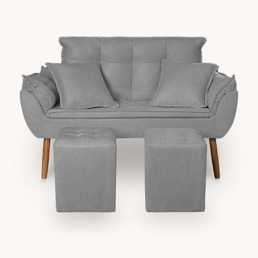 Imagem de Kit Poltrona Decorativa Namoradeira 2 Puffs Quadrado E 2 Almofadas Suede Cinza Claro - Lm Decor