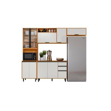 Imagem de Cozinha Completa Ravena 11 Portas 2 Gavetas MDF 340cm Off White e Freijó com 6 Módulos