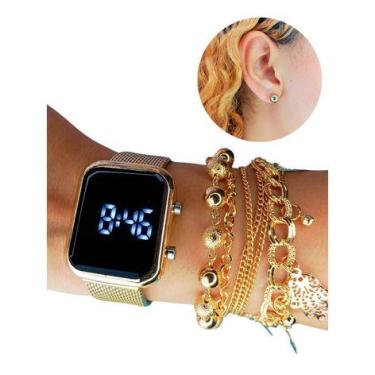 Imagem de Relógio Digital Feminino femenino Brilhante Luxo Prata e Dourado Com B