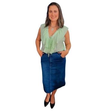 Imagem de Saia Jeans Feminina Shyros Plus Size Destroyed, 48, Jeans azul escuro