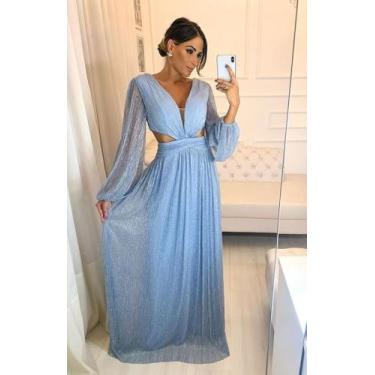 Imagem de Vestido Manga Longa Com Brilho Madrinha Azul, Para Formatura ou Festa.