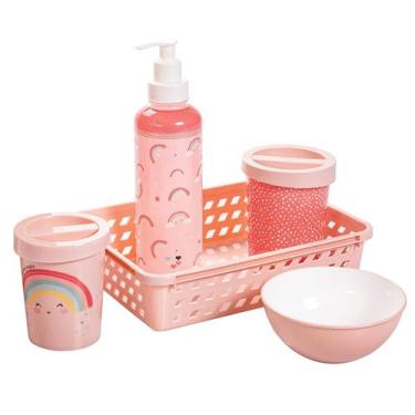 Imagem de Kit Higiene Rosa Bebê Arco-Íris 5 Peças Cuidado Recém Nascido Essencia