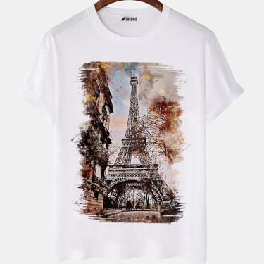 Imagem de Camiseta masculina Torre Eiffel Watercolor Monumento Camisa Blusa Branca Estampada