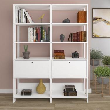 Imagem de Conjunto 2 Estantes para Livros Industrial 1 Porta MDP Match Espresso Móveis Branco
