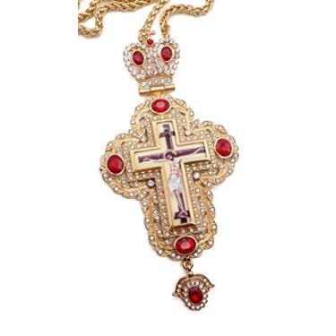 Imagem de Colar com pingente de cruz peitoral e zircões vermelhos cristalizados Sacerdote Cristão Bispo da Nazaré 50 cm em caixa de presente
