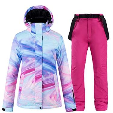 Imagem de Yajun Jaquetas de esqui quentes e calças de neve terno de snowboard colorido feminino ao ar livre impermeável casaco à prova de vento babadores fantasias de 2 peças, rosa, 2GG (busto: 114cm)