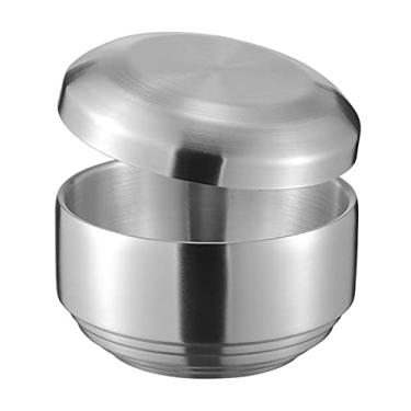 Imagem de UPTALY Tigelas de aço inoxidável 18/10 com tampas (cor prata), tigela de cereal espessa com pires (12 cm x 8 cm), tigelas de sopa cozidas no vapor de parede dupla, tigela coreana Kimchi