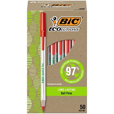 Imagem de BIC Ecolutions Canetas esferográficas redondas Stic, ponta média (1,0 mm), pacote com 50 unidades, canetas de tinta vermelha feitas de 97% plástico reciclado