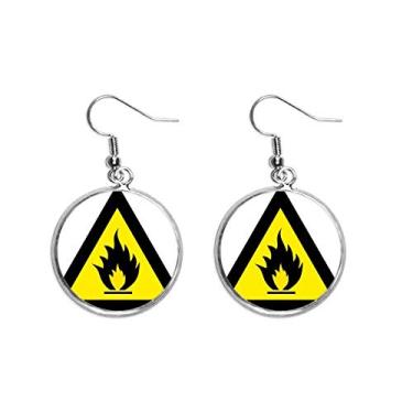 Imagem de Brinco de prata com símbolo de aviso amarelo e preto de fogo triângulo brinco pendente joia feminina