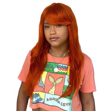 Imagem de Peruca Humana Ruiva Alaranjada Com Franja Lisa Ondulada 60cm