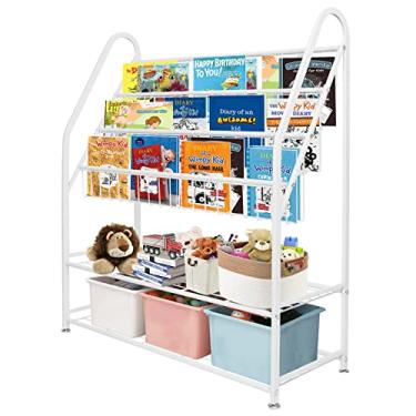 Imagem de aboxoo Estante de Metal Infantil Independente com 2 Prateleiras, Estilo Minimalista, Branco, 98 cm x 35 cm x 8.5 cm, para Quartos de Crianças, Sala de Estar, Biblioteca