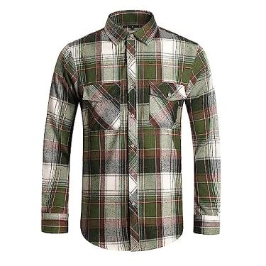 Imagem de Camisa masculina ocidental de algodão xadrez de manga comprida com botões de flanela de algodão, Verde, XXG