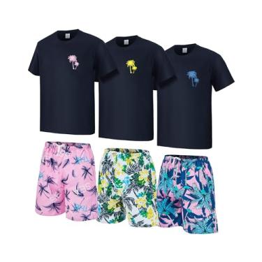 Imagem de Cutecrop Conjunto de 6 peças masculinas de manga curta havaiana com estampa de coqueiro, camisetas e shorts, roupa de férias masculina, Preto, multicolorido, M