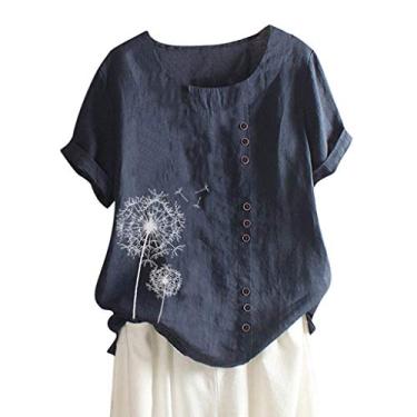 Imagem de Camiseta feminina de linho, gola redonda, botões, manga curta, caimento solto, túnica com estampa de dente-de-leão, camiseta de verão, Azul-marinho - 1, M