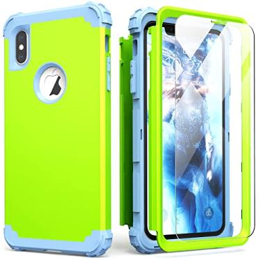 Imagem de IDweel Capa para iPhone Xs Max com protetor de tela (vidro temperado), 3 em 1, absorção de choque, proteção resistente, capa de policarbonato rígido, amortecedor de silicone macio, capa durável, verde grama/azul claro
