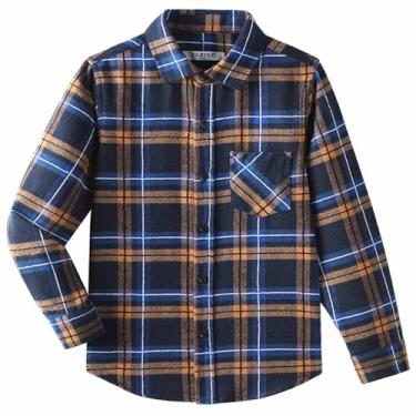 Imagem de DILBYKE Camisa masculina de botão de manga comprida casual xadrez para crianças, algodão macio, Laranja marinho, 15-16 Anos