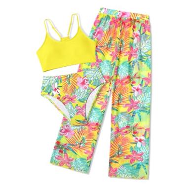 Imagem de NECIOUS Biquíni para meninas, biquíni de 3 peças, roupa de banho floral tropical com calça de saída de praia 7-16 anos, Amarelo, 9-10 Years