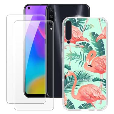 Imagem de MILEGOO Capa para Huawei Honor Play 3 + 2 peças protetoras de tela de vidro temperado, à prova de choque, capa de TPU de silicone macio para Huawei Honor Play 3 (6,3 polegadas) Flamingo