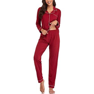 Imagem de Lainuyoah Pijama feminino de manga comprida e calça de botão, conjunto de pijama clássico com gola V e 2 peças, C#vermelho, XXG