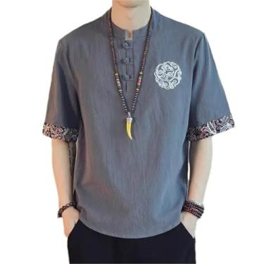 Imagem de Camiseta masculina de algodão e linho de manga curta estilo chinês de verão roupa de linho de algodão meia manga, H51-cinza azul, XXG