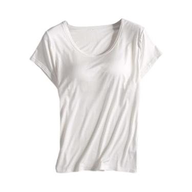 Imagem de Camisetas femininas brancas de verão com sutiã embutido, camisetas casuais, básicas, de manga curta, gola redonda, blusa leve 2024, Bege, XXG