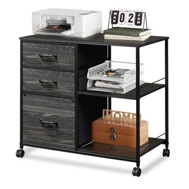 Imagem de DEVAISE Armário de arquivo móvel com 3 gavetas, suporte de impressora com prateleira de armazenamento aberta, armário de arquivo lateral de tecido serve para A4 ou tamanho de carta para escritório doméstico, estampa de grão de madeira preta carvão