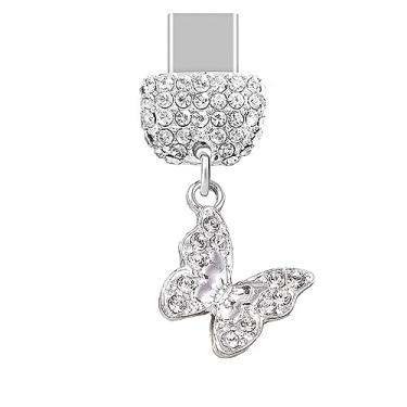 Imagem de ELISE & FONDA TP230 Tipo-C porta de carregamento cristal antipoeira pingente de celular pequena borboleta para Samsung/OnePlus/Xiaomi/oppo telefone Android iPhone 15/16 (prata), approx.1.8 cm (L) x