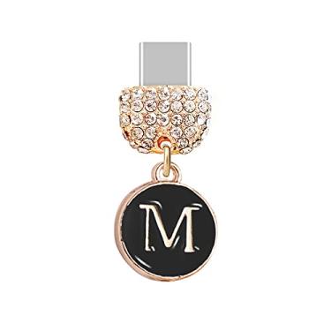 Imagem de ELISE & FONDA TP63 Tipo-C porta de carregamento USB cristal plugue antipoeira minúscula letra M pingente para celular Samsung/Huawei/OnePlus/Xiaomi/oppo novos telefones Android (preto), approx. 1.2 cm