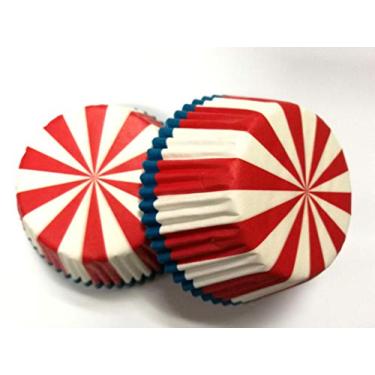 Imagem de Forros de cupcake de papel de aniversário listrado vermelho e branco 100 peças, tamanho padrão 5 x 3 cm