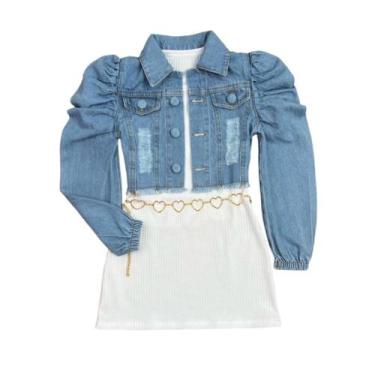 Imagem de Vestidinho Infantil E Jaqueta Jeans Blogueira+ Cinto Coração - Ak Fash