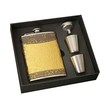 Imagem de AUGEN Garrafa Hip Flask de aço inoxidável à prova de vazamento de couro com design dourado Stiched 230 ml (230 ml) Conjunto de frascos de bolso para bebidas alcoólicas ou conjunto de presente com dois