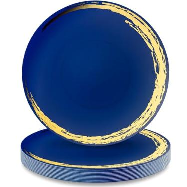 Imagem de Conjunto de pratos de plástico redondos azuis e dourados - 26 cm (10 peças) | Design premium e luxuoso - ideal para casamentos, festas e eventos