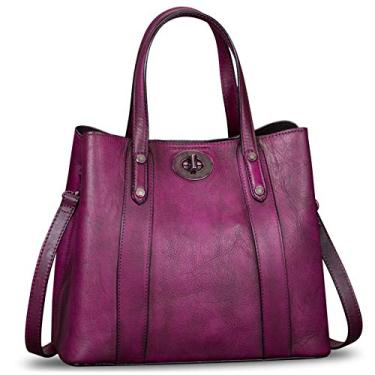 Imagem de Bolsas de couro genuíno para mulheres, bolsas vintage feitas à mão, bolsa de ombro de vaca com alça superior, Roxa, Medium