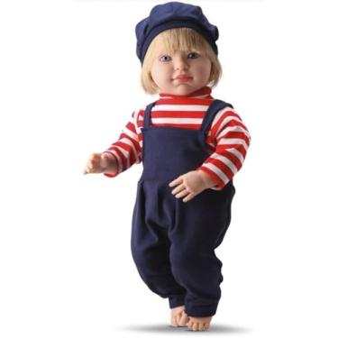 Imagem de Boneco Realista Loui, Roupa Listrada Vermelho e Azul Marinho, Boina Azul Marinho, para Crianças 3 anos