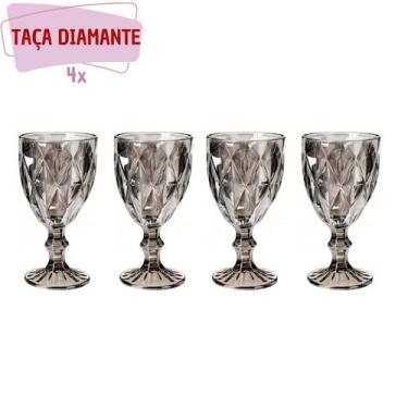 Imagem de Kit 4 Taça Diamante de Vidro Cinza Metalizada 340ml Água Suco - PRATIC