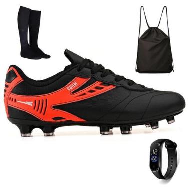 Imagem de Kit Chuteira Futebol Campo em Couro Trava Gramado + Mochila + Meião + 