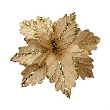 Imagem de Kit 4 Flores Artificial Madeira Glitter Dourado Natal 25cm