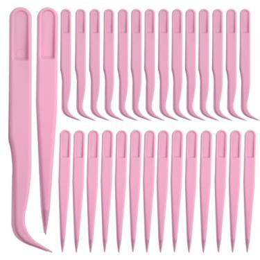 Imagem de 30 peças de pinças rosa para artesanato, adesivo endurecido de plástico pinça multiuso ponta reta e curvada kit de ferramentas de fabricação de joias para projetos de contas artesanais DIY