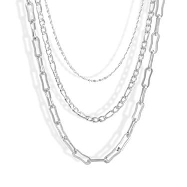 Imagem de Elegance 11 designs Colar em camadas de aço inoxidável dourado/prata quadrado linear clipe de papel corrente fígaro corrente plana metal grosso curto feminino colar pop masculino, aço inoxidável