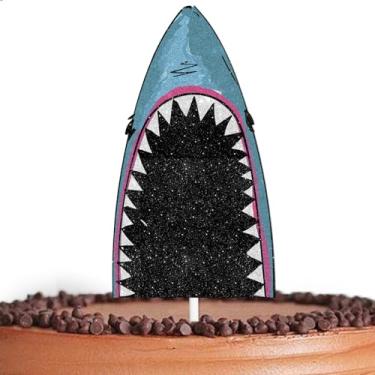 Imagem de Blue Glitter Shark Big Mouth Cake Topper Cheer to Sea Creature Shark Theme Decor Supplies Baby Shower Men Women Happy Birthday Wedding Anniversary Party Decorations