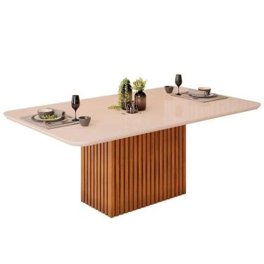 Imagem de Mesa Para Cozinha Canes Com Tampo Madeirado Com Vidro Curvo 200x100cm Freijó Off White Dj Móveis