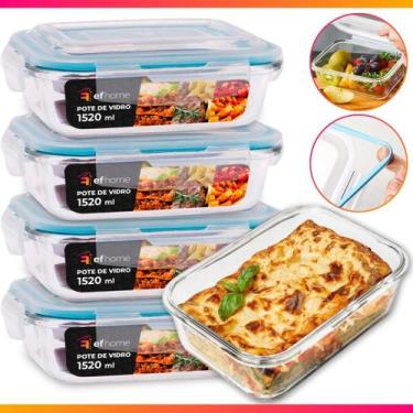 Imagem de Kit 5 Potes Herméticos Retangular Vidro Freezer Microondas Com Tampa T
