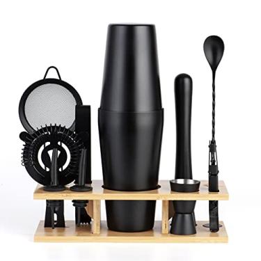 Imagem de JNWINOG Conjunto de coqueteleiras de 11 peças Kit de bartending de aço inoxidável 250 ml Boston Shaker Bar Set Cocktail Mix Making Kit Ferramentas profissionais de bar e bar para bebidas em casa para barman (preto fosco)