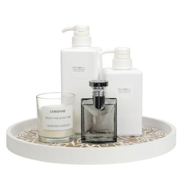 Imagem de Bandeja decorativa rústica de madeira redonda para mesa de café, decoração de casa de fazenda com textura de madeira, bandeja de servir otomana boho para balcão de cozinha para casa (branca)