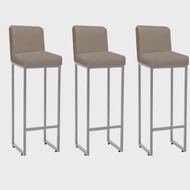 Imagem de Kit 03 Banqueta Alta Com Encosto Lucca -60cm chão até o assento Industrial Ferro Prata Corino Bege - Ahazzo Móveis