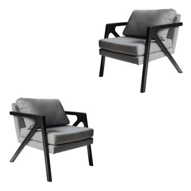 Imagem de Kit 02 Poltronas Decorativas Madeira Maciça Luxo Italia Linho Cinza com Braça Preta - Zahav Estofados