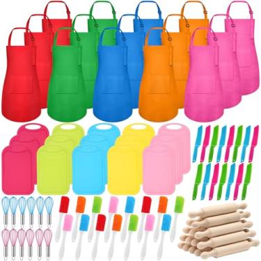 Imagem de Teenyyou 90 peças de conjunto de cozinha infantil a granel para fazer comida de verdade, utensílios de cozinha para crianças, faca de frutas, tábua de corte, aventais, batedor de ovos, espátula, rolo