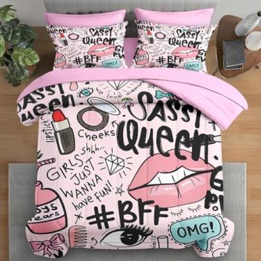 Imagem de Pamnest Jogo de cama king size, maquiagem rosa, Queen, 7 peças, para crianças e adultos, lençol com elástico, 2 fronhas e 2 fronhas para decoração de quarto