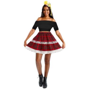 Imagem de Kit Saia Curta Feminina Xadrez Festa Junina Acinturada Rodada Renda Sã