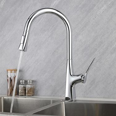 Imagem de WYUYIWH Torneira de cozinha, torneira de pia de puxar de cobre completo, alça única de furo único, torneira misturadora quente e fria, torneira rotativa de 360°, altura de saída 245 mm (9,5 polegadas